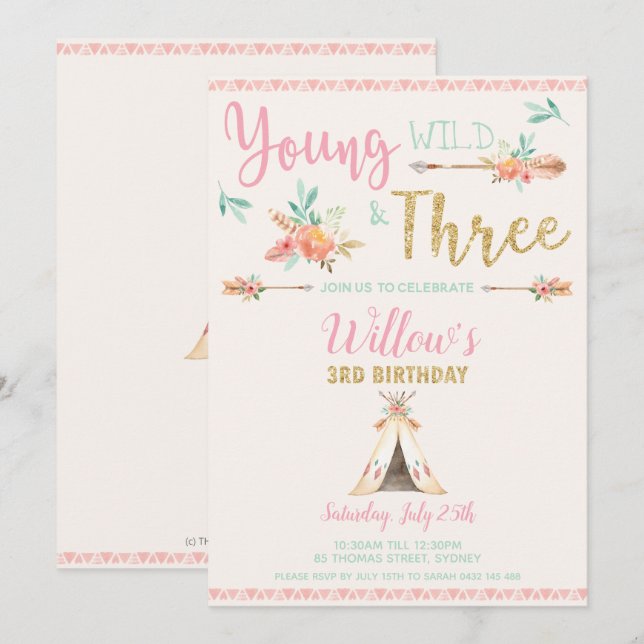 Boho Young Wild and Three 3rd Birthday Party Girl Invitation (Front/Back)
