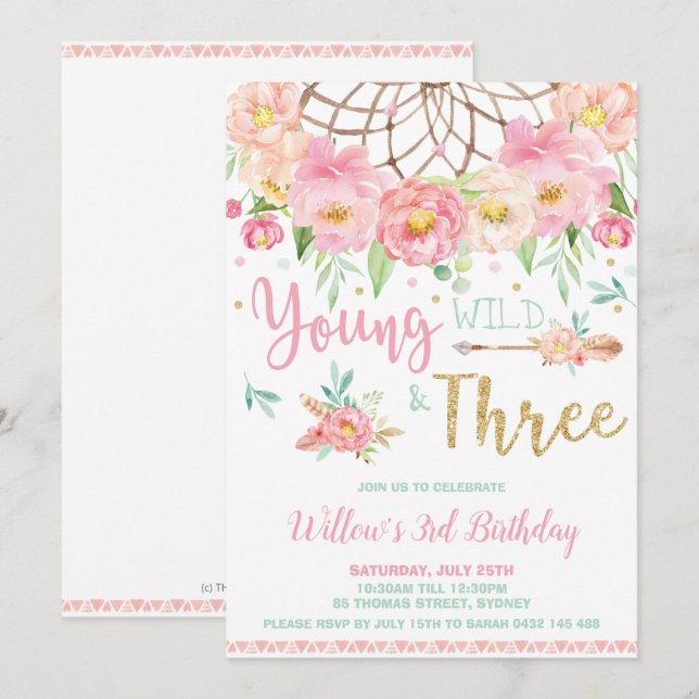 Boho Young Wild and Three 3rd Birthday Party Girl Invitation (Front/Back)