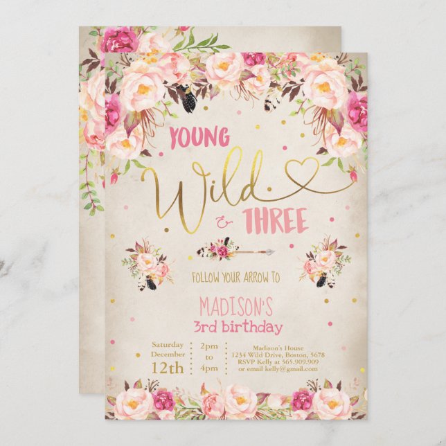 Boho Young Wild Et Invitation À Trois Anniversaire (Devant / Derrière)