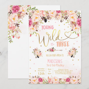 Boho Young Wild Et Trois Invitation Anniversaire