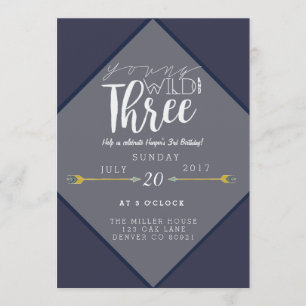 Boho Young Wild & Three 3rd Birthday Party Invitation