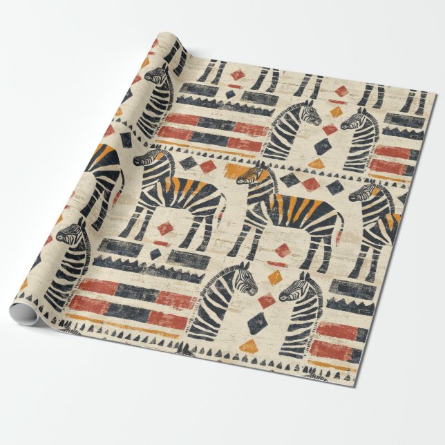 Boho Zebra Tribal Safari Pattern Wrapping Paper (Unrolled)