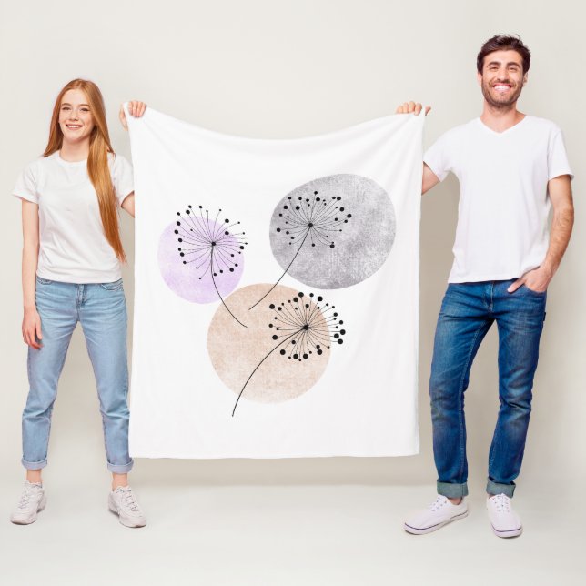 Boho Zen Dandelion Flowers On Blue Pink Circles Fleece Blanket (In Situ)