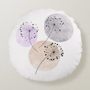 Boho Zen Dandelion Flowers On Blue Pink Circles Round Pillow