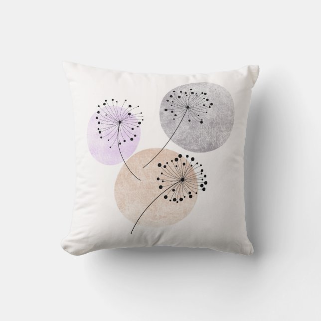 Boho Zen Dandelion Flowers On Blue Pink Circles Throw Pillow (Front)