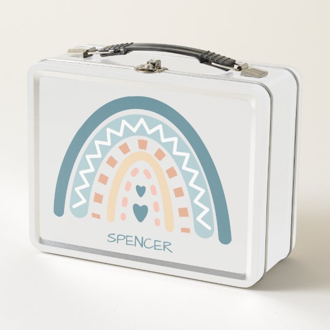 Boho Zig Zag and Hearts Rainbow Metal Lunch Box (Front)