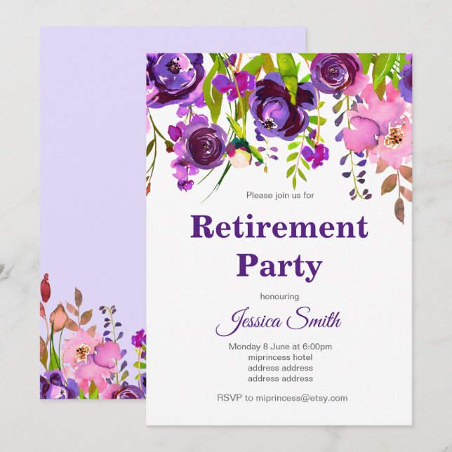 bohochic floral retirement party invitation (Front/Back)