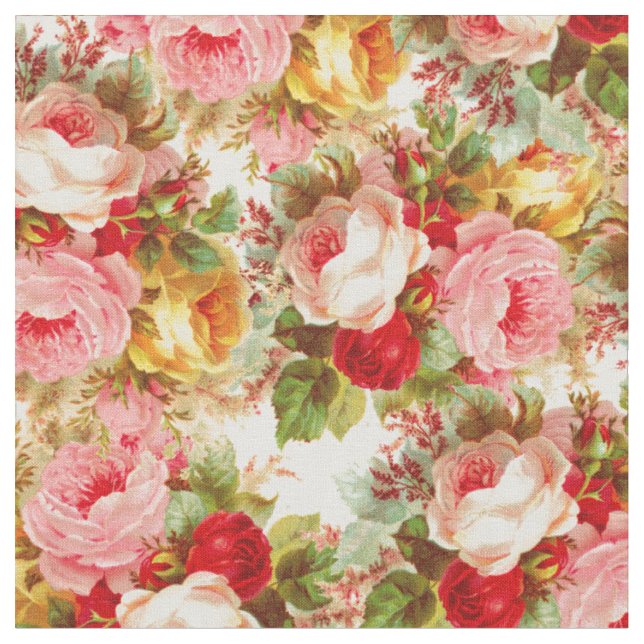 Bohomien pink yellow red roses floral pattern fabric (Close Up)