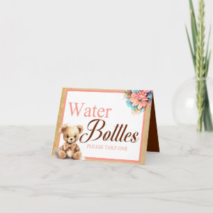 BohoPink Bear Baby Shower Water Bottle Table Card