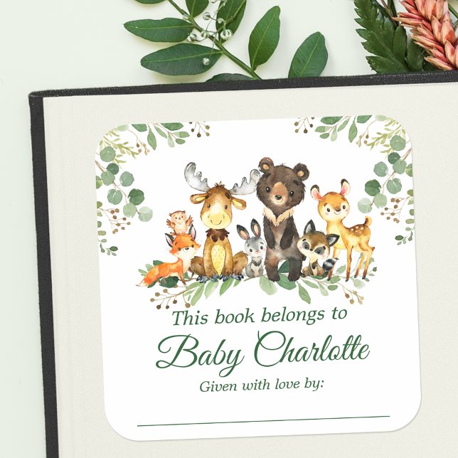 Bois Animaux Baby shower Green Bookplate Étiquette (Customize to change text size, color or text style.)