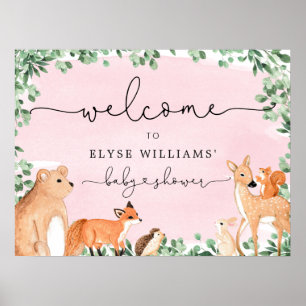 Bois Animaux Baby shower rose Affiche de bienvenue