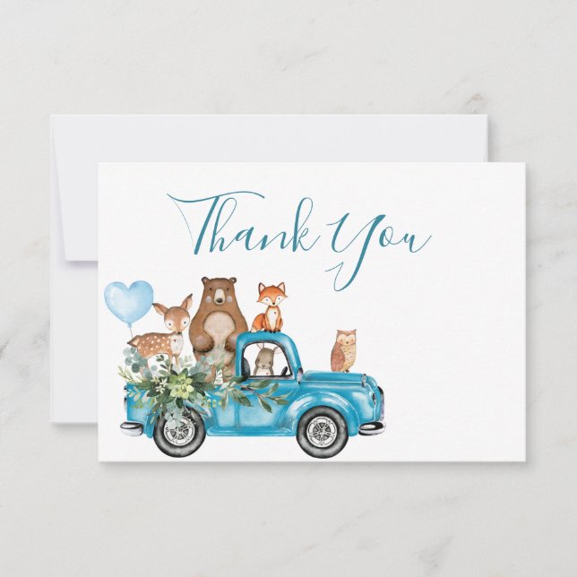 Bois Animaux Camion bleu Carte de remerciements (Devant)