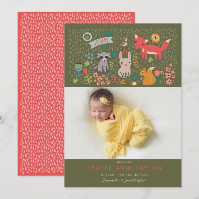 Bois Animaux Nouveau Faire-part de naissance bébé (Devant / Derrière)