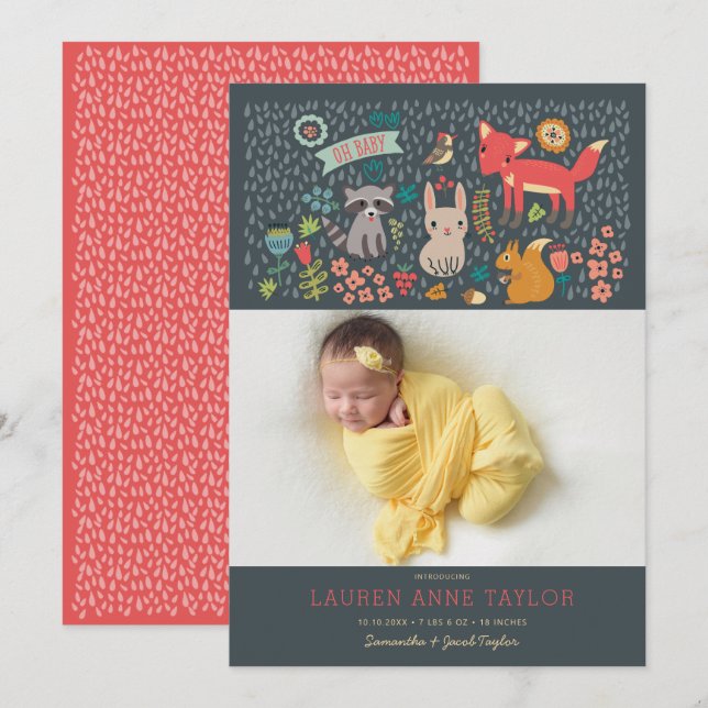 Bois Animaux Nouveau Faire-part de naissance bébé (Devant / Derrière)