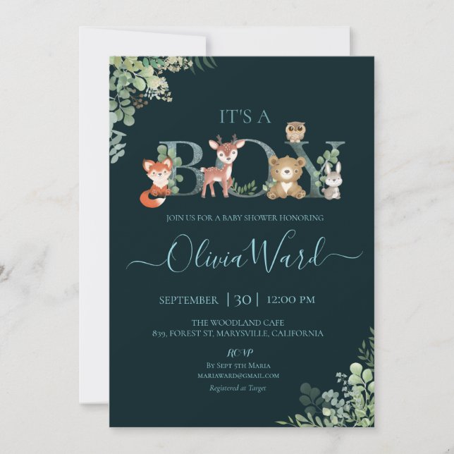 Bois Baby shower de verdure Invitation garçon (Devant)