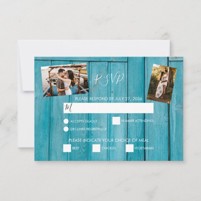 Bois bleu rustique 3 Photos Cartes de mariage RSVP (Devant)