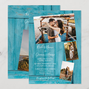 Bois bleu rustique 4 Photos Invitations de mariage