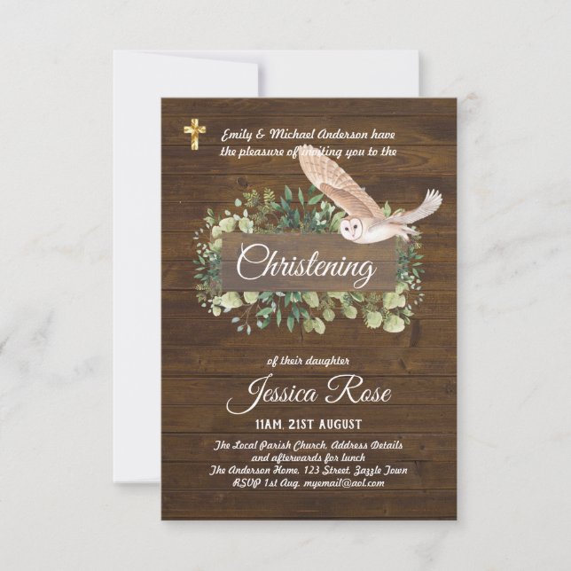 Bois Chouette Christening Invitation Baptême (Devant)