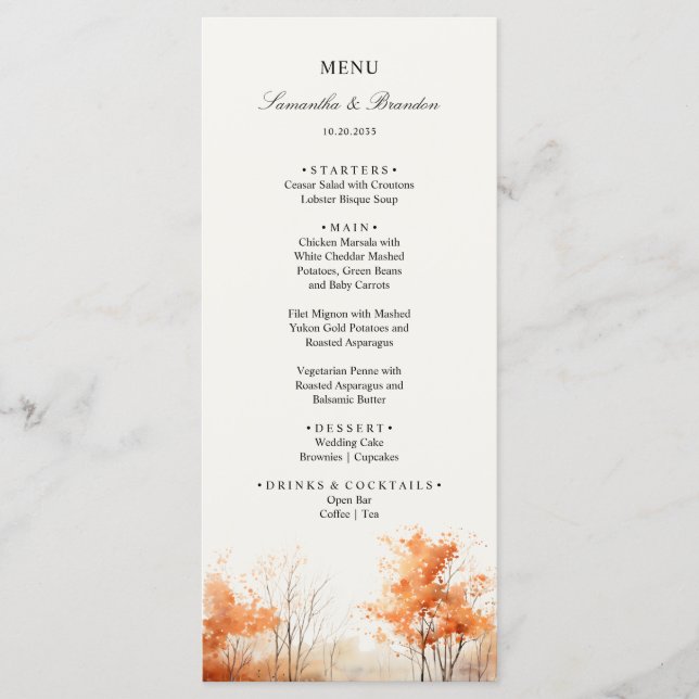 Bois d'automne, Forêt d'automne Mariage Dîner Menu (Devant)