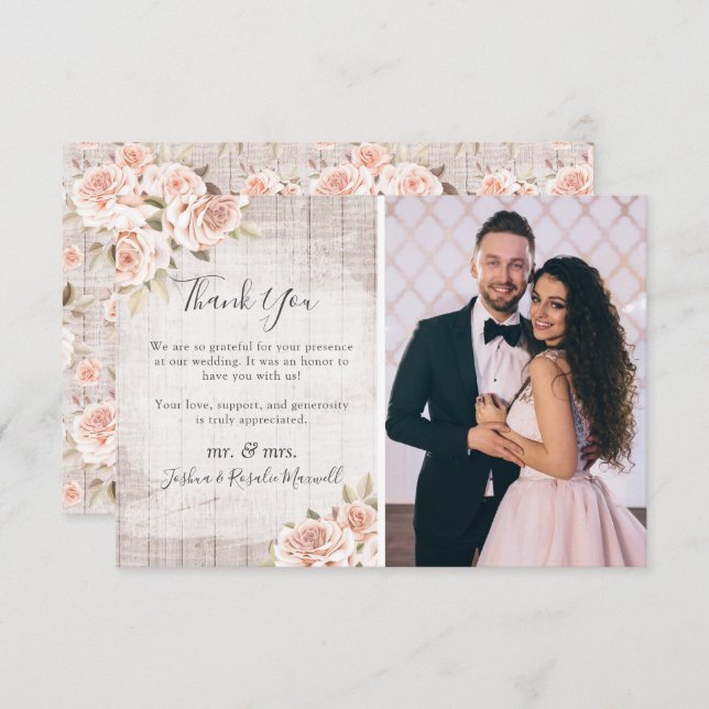 Bois rustique et Rose Chabby Mariage Merci Photo (Devant / Derrière)