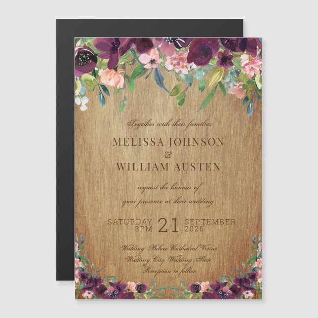 Bois rustique Faire-part de mariage Floral (Devant / Derrière)