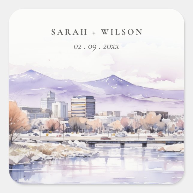 Boise, Idaho Watercolor Landscape Wedding Square Sticker (Front)