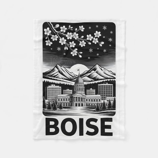 Boise Skyline Black and White Woodcut Winter  Fleece Blanket (Front)