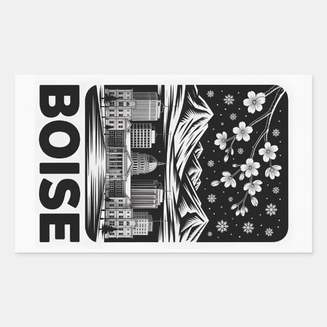 Boise Skyline Black and White Woodcut Winter  Sticker (Front)
