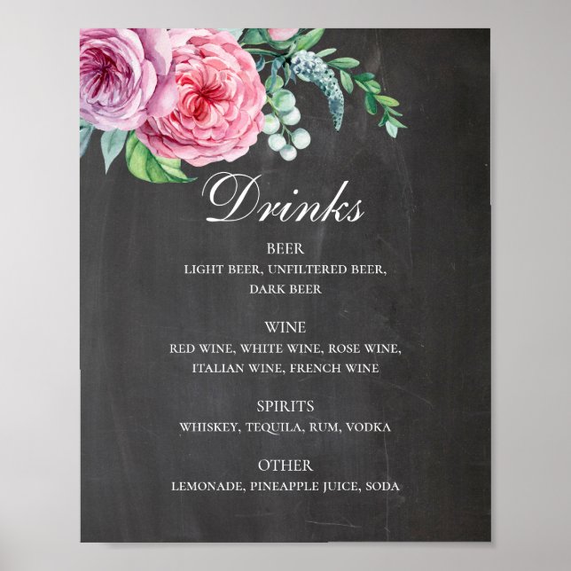 Boissons de mariage de tableau noir. Alcool floral (Devant)