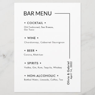 Boissons mariages. Menu à barres simple et moderne