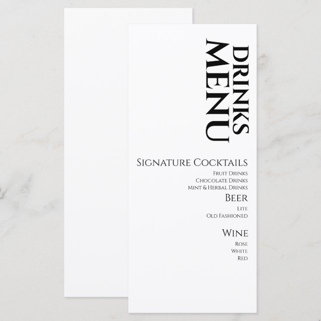 Boissons simples Cocktail Vin Menu Mariage (Devant / Derrière)
