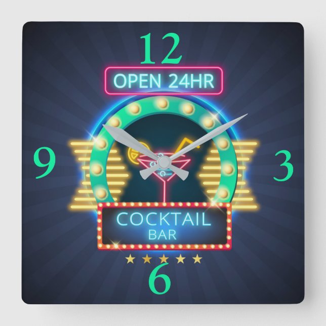 Boîte à cocktails Neon Signer Carré Horloge murale (Recto)