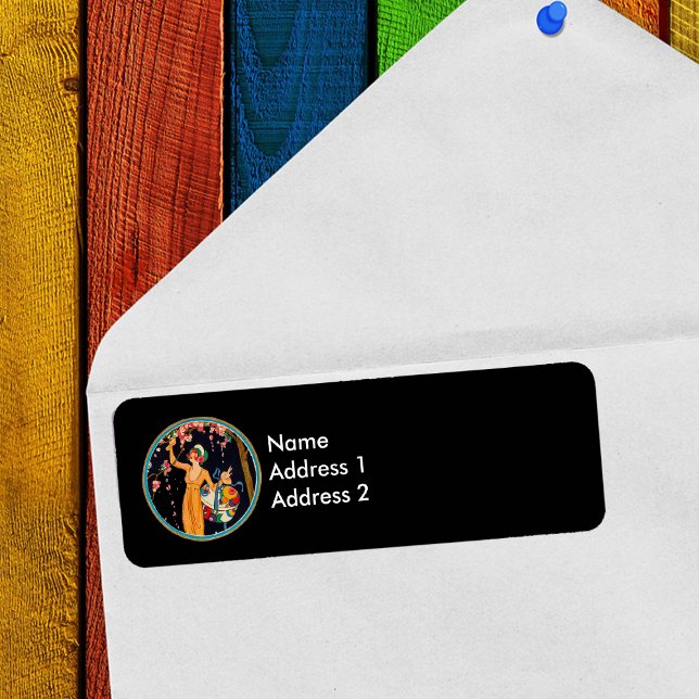 Boîte de Casquette vintage Lady Cherry Blossom Tre (Vintage Lady picking pink cherry blossoms from tree on black return address label.)