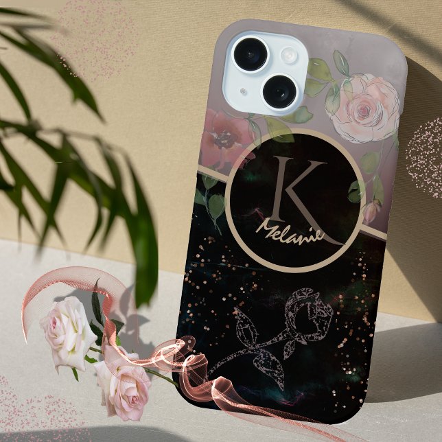 Boîtier de téléphone de couleur gris rose noir (Black Pink Grey Floral Monogram Phone Case)