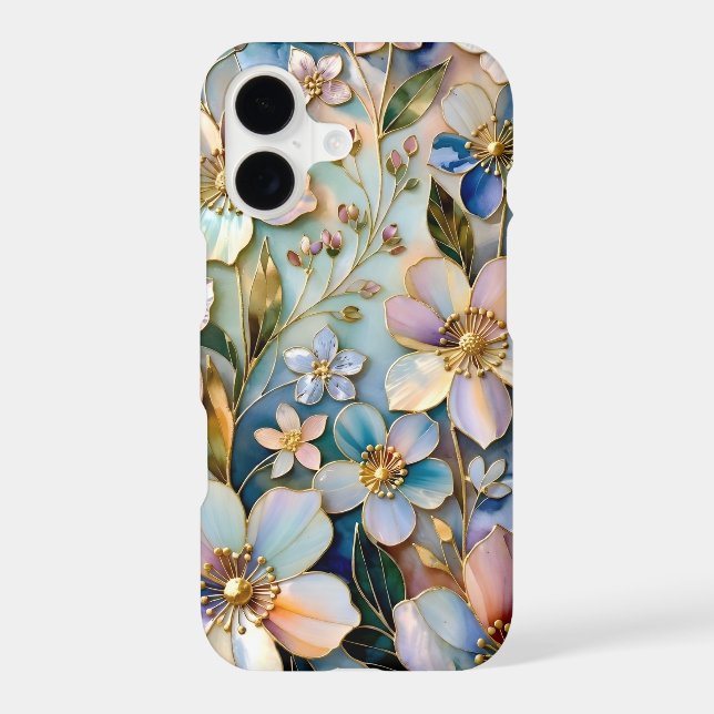 Boîtier iPhone floral sarcelle Fleurs dorées paste (Verso)