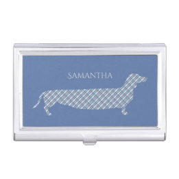 Boîtiers Pour Cartes De Visite Dachshund plaid sur bleu