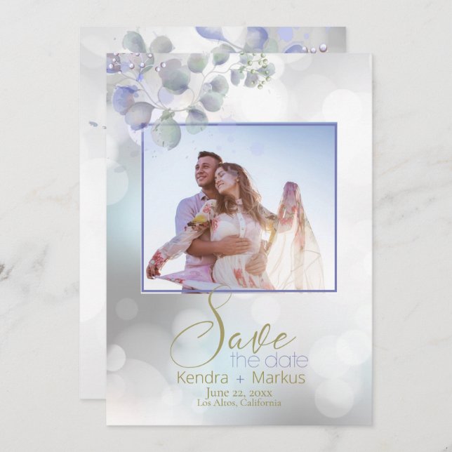 Bokeh and Lilac Mint Eucalyptus Save the Date Invitation (Front/Back)