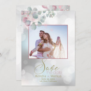 Bokeh and Rose Laurel Eucalyptus Save the Date Invitation