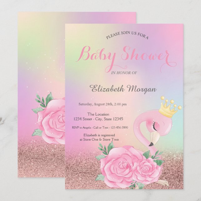 Bokeh,Baby Pink Flamingo Holographic Baby Shower Invitation (Front/Back)