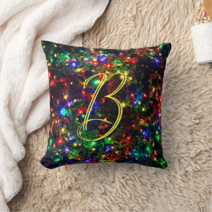 Bokeh Colourful Burry Christmas Lights Monogrammed Throw Pillow