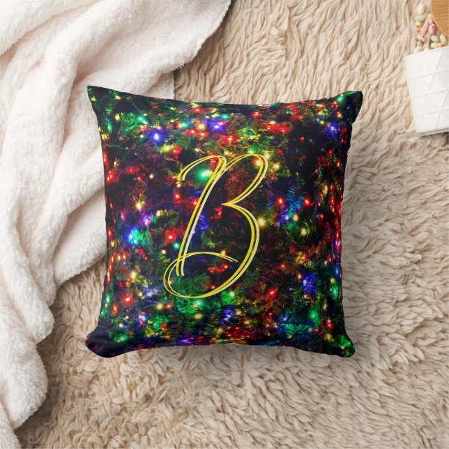 Bokeh Colourful Burry Christmas Lights Monogrammed Throw Pillow (Blanket)