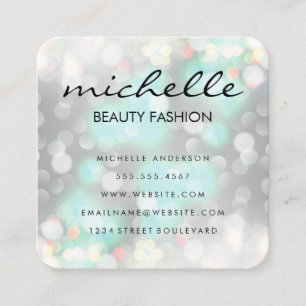 Bokeh Glamour with Cursive Text Square Business Card