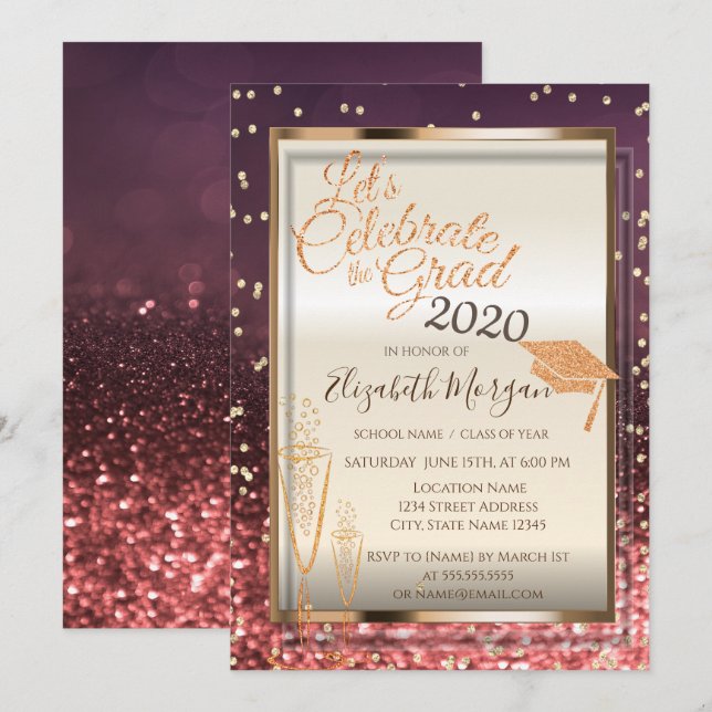 Bokeh,Glitter Graduation Cap,Glass Graduation Invitation (Front/Back)