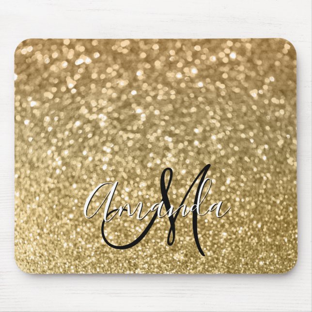 Bokeh Golden Glitter Black and White Monogram Mouse Pad (Front)