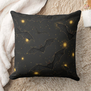 Bokeh Halloween Seamless   Flying Bats with Lights Throw Pillow