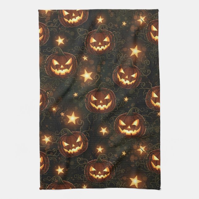 Bokeh Halloween Seamless | Glowing Jack-O’ Lantern Kitchen Towel (Vertical)