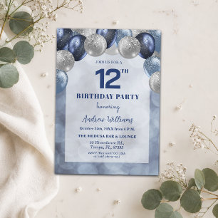 Bokeh Lights 12th Glitter Balloons Birthday Party Invitation