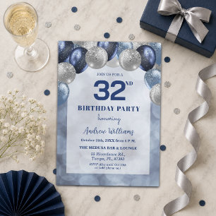 Bokeh Lights 32nd Glitter Balloons Birthday Party Invitation