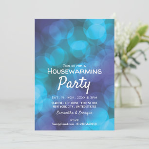 Bokeh Lights, Blue Spot Housewarming Party Invite