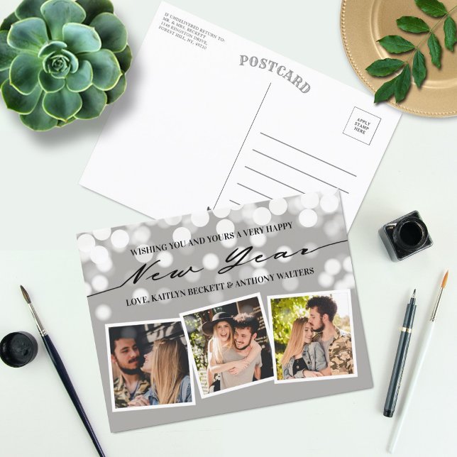 Bokeh Lights | New Year 3 Photo Collage Holiday Postcard (Creator Uploaded)